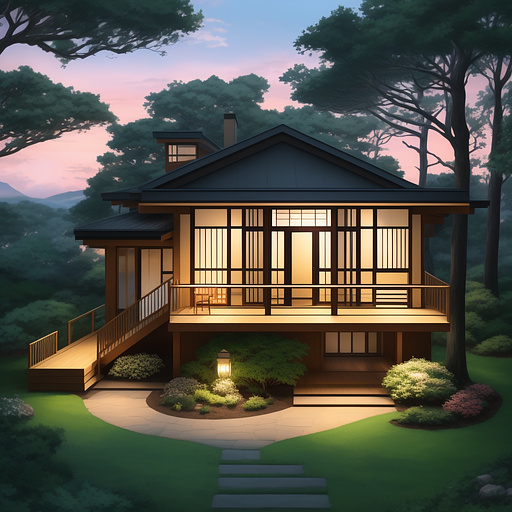 3d house wood with view to the ocean suround by trees sunset in anime style