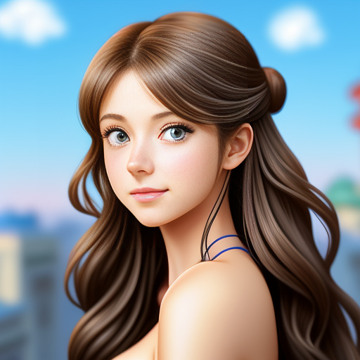 Create an image of a beautiful young girl with big blue eyes small soft lips and a cute nose long wavy hair a slender neck large breasts small waist slender hips i know we just met but i think you're super hot i know you're going to be a sexy baby and i really love you in anime style