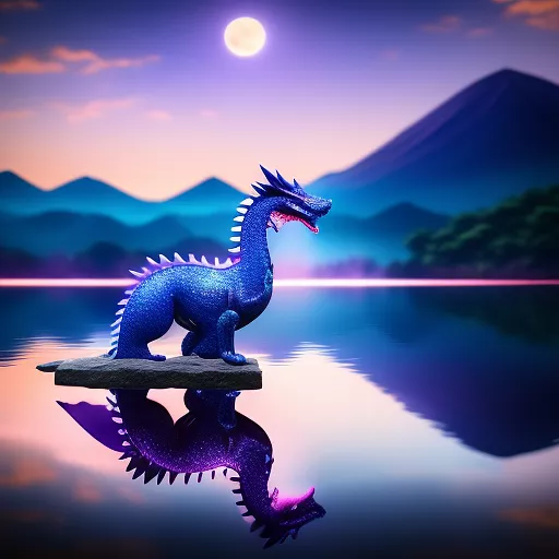 A blue baby dragon with purple shades, on a lake and in the sky there is the moon, in yu-gi-oh style. in anime style