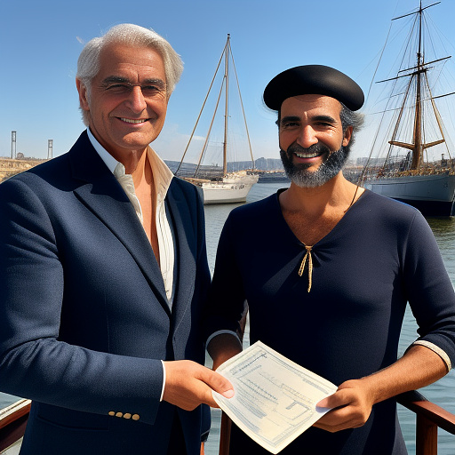 The year was 1815, in the port marseille france, 2 men stood on deck. the tall 20 years young sailor edmond smiling giving an envelop into the hand of the 65 years old, silver-haired owner of ship. in the background stay another sailor, young 25 years angry danglars#illustration art in anime style