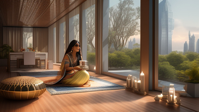 Indian beautiful lady doing pooja in house in design of the future style