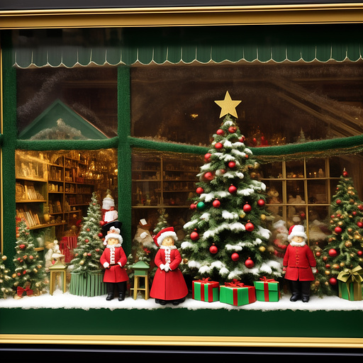 Victorian christmas shop  window with toys tree children looking in neo impressionism style