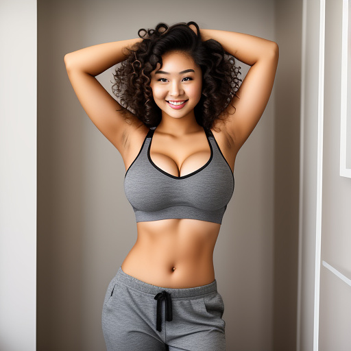 Sexy asian college student with large boobs and curly hair and her arms up and in a matte bra and long sweatpants and showing her whole belly and her legs and standing in the bedroom and full body picture in custom style