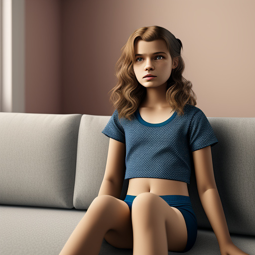 Ultra realistic a 15 year old german girl sits on the sofa in the living room in cute childlike underwear in custom style