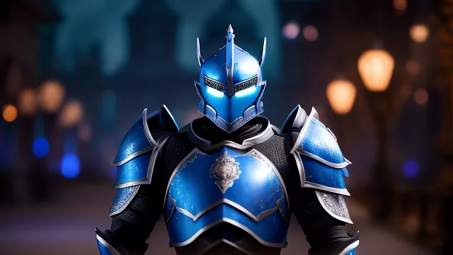 A fantasy blue armored knight at night in disney 3d style