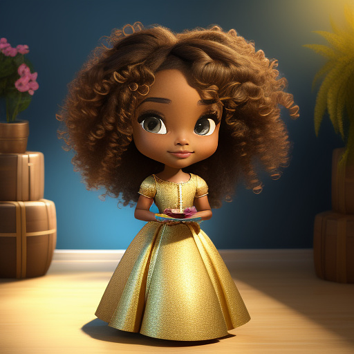 A 3d disney/pixar-style chibi african american woman narrator with deep, captivating eyes, elegant curly hair styled glamorously, wearing a flowing outfit with gold accents. she looks more like a woman than a child, balancing elegance and cuteness. a soft glowing aura surrounds her as she speaks, giving her a wise yet warm presence.
 in disney painted style