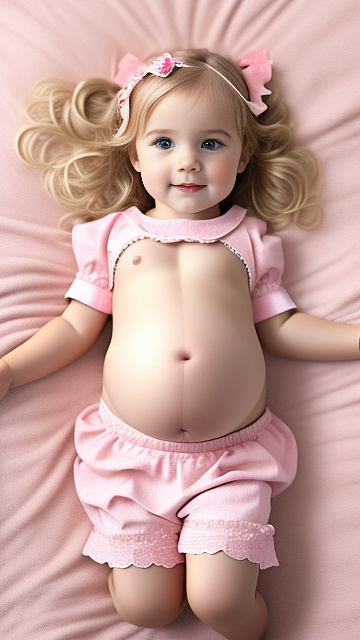 Realistic, detailed, 3-year-old blonde girl, pregnant, pink wedding outfit, showing belly, laying in bed, top down full body view in custom style