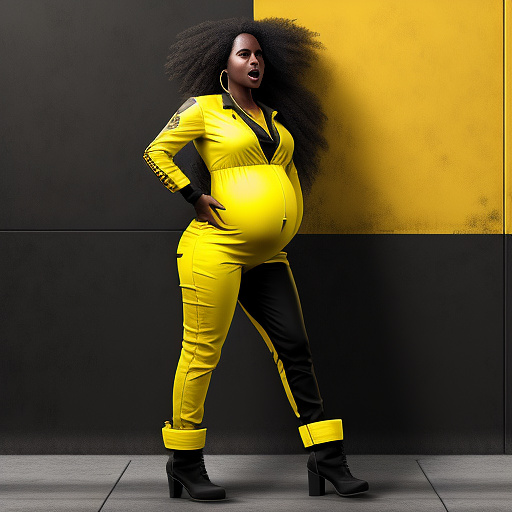 Realistic, detailed, pregnant, black skinned, yellow jumpsuit, yellow boots, screaming in pain, standing  in custom style