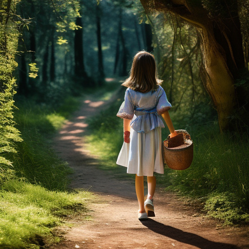 A 9-year-old girl is walking along a forest path. it's evening. she has a basket in her hand. view from behind. in custom style