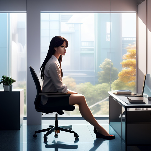 Ultra realistic, image of young professional female engineer with dark hair sitting in a chair in an job interview.  the interviewer is a androgynous humanoid robot with bare feet 
sitting behind a desk.  scene is a futuristic looking glass walled office in anime style