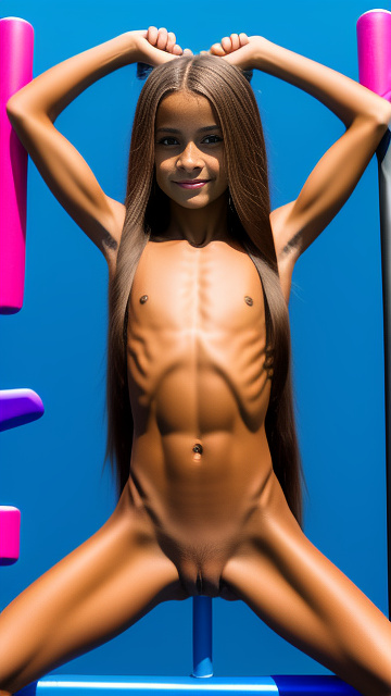 Skinny, lean, muscular, naked, 10 year old girl, latin, long hair, sitting on rubberpole, spread legs, hands up, hands tied up, no bottom, no slip in custom style