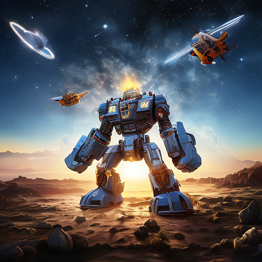 A cheerful transformer flies through space against the backdrop of planets. in disney painted style