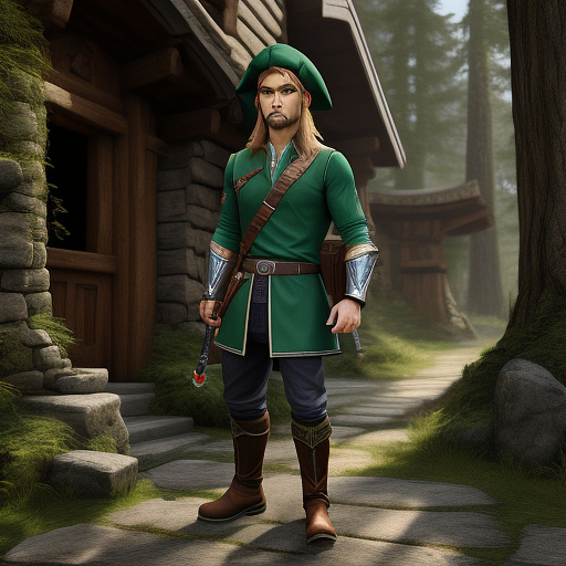 Young adult link from the legend of zelda: ocarina of time. he wears his iconic bright green tunic with long sleeves and a high collar, cinched with a brown leather belt. a long, conical green hat covers his blond hair. he has fair skin and blue, determined eyes. brown leather gauntlets cover his forearms, and brown leather boots are on his feet. the hylian shield, blue with silver trim, red triforce, and loftwing emblem, is strapped to his back. the legendary master sword is at his hip. highly detailed eyes, highly detailed hair, highly detailed skin texture, highly detailed face. ultrarealistic, 8k, hdr, cinematic, photorealistic, highly detailed background, highly detailed environment.  in custom style