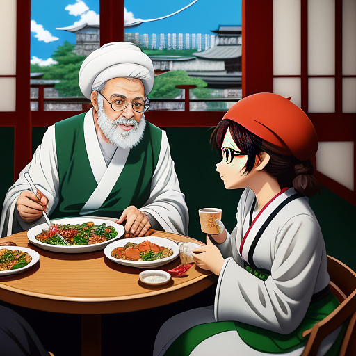 Photo of seyyed ali khamenei eating with humaira in anime style