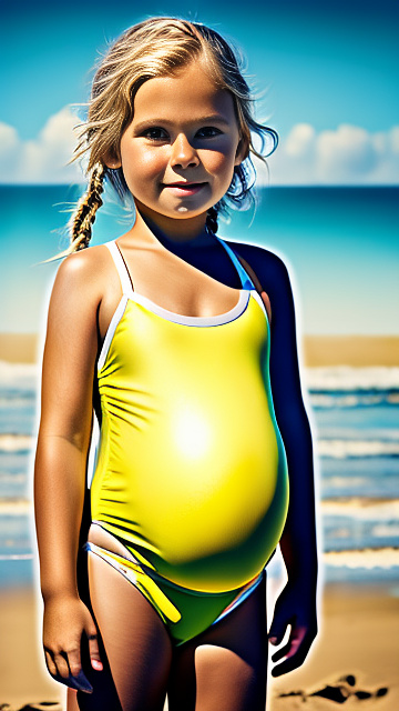 Realistic, detailed, pregnant, 7 years old white boy, yellow swimwear, beach, blonde in custom style