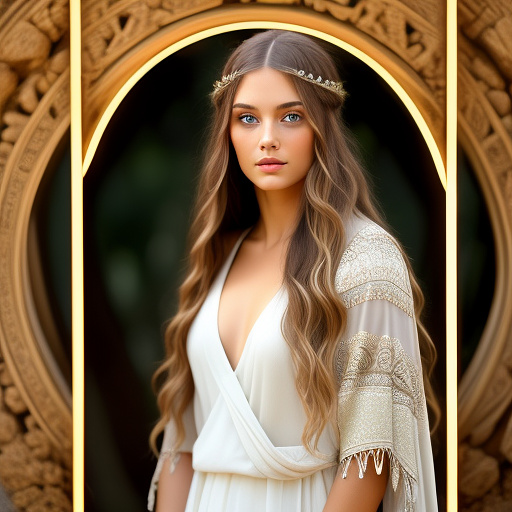 The most beautiful highest priestess long light brown hair, big light green eyes lighting the olympic flame using a concave mirror in ancient olympia, ancient greece in custom style