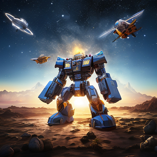 A cheerful transformer flies through space against the backdrop of planets. in disney painted style