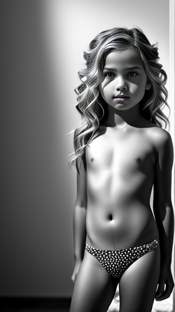 8 year old pretty girl in very small bikini, topless, standing in her bedroom in bw photo style