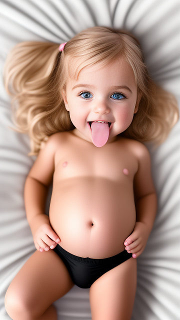 Realistic, detailed, 4-year-old blonde girl, in black underwear, pregnant, laying in bed, top down full body view, blushing, tongue sticking out, hands on belly   in custom style