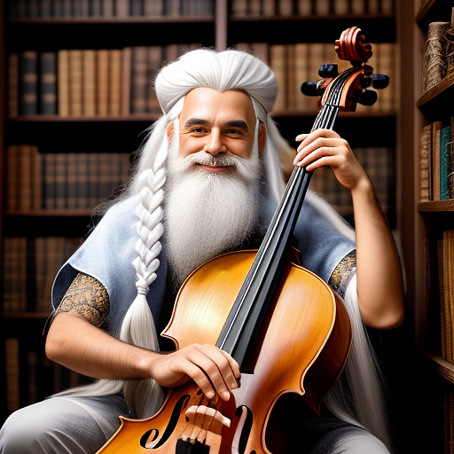 Male, gnome, bard, grinning,, white hair, long braids, pointy beard, seated, playing cello, bright yellow doublet in disney painted style