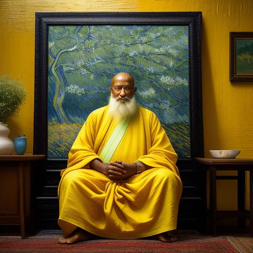 An old monk wears a very long yellow dress and si on his chair in neo impressionism style