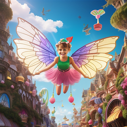 A cute female adult flying pixie with wings, flying. in kids painted style