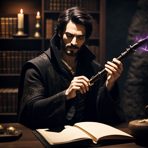 Evil warlock casting a spell with a wand in custom style