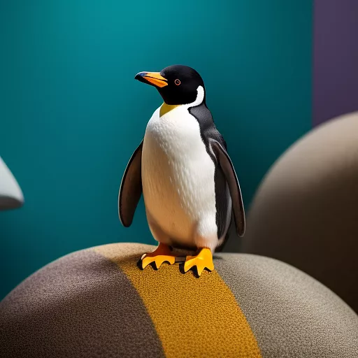 A penguin who is climbing indoors on coloured boulders in disney painted style