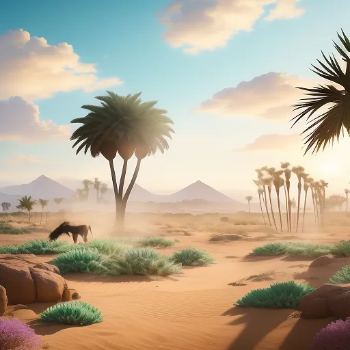 Black unicorn herd with flowing mane with foal magic griffin in desert landscape ancient egypt golden hyroglyphs ocean flowers phenix flying cactus palm trees wind ceramic vases griffin phenix in anime style
