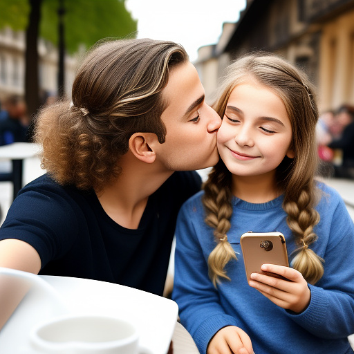 A young european couple, both 11 years old, sharing a soft kiss while the girl holds her phone for a selfie, casual clothing, warm smiles, outdoor café setting. in custom style