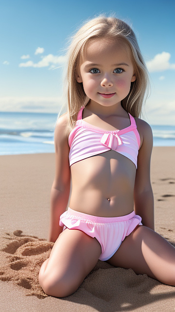 Realistic, detailed, 6-year-old girl, blonde hair, full-body, pink school mini-skirt, white under-vest, sitting on the beach, between her legs, muscular body and legs, tummy, legs open, baby bulge tummy in custom style
