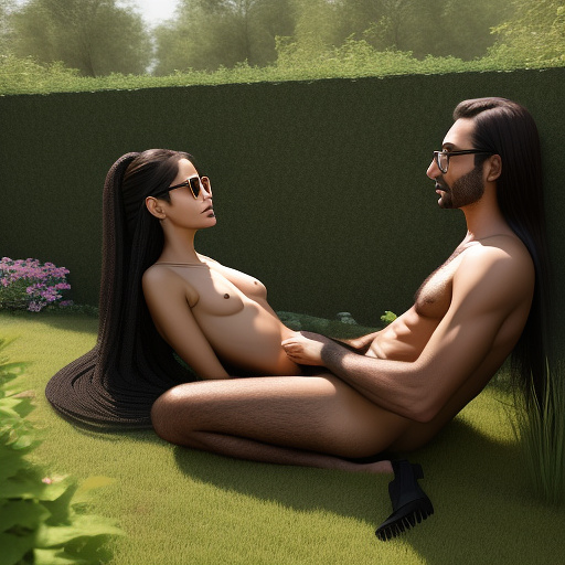 Ultra realistically a 22 year old girl with a black braid with glasses and brown eyes 1.70 tall thin in the garden a 40 year old man penetrates a detailed third person with his penis into her vagina in custom style
