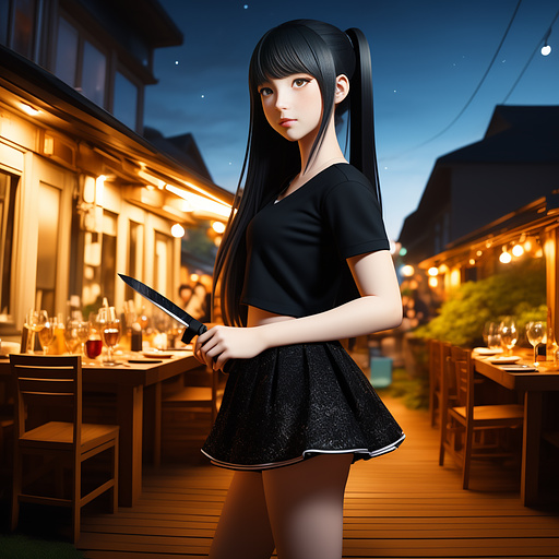 A 20 year old girl holding a knife behind her back at a outdoor party at night. in anime style