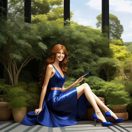 A very thin, very tall, exquisitely refined, extremely beautiful, gorgeous and pretty, 26 year old carol alt with neck-length auburn hair, blue eyes, wearing a very short red leather sleeveless button-dress, high heels, is leaning comfortably on a grand piano and a sofa, in a lush sunny conservatory, smiling. emphasis on footwear, heels. she is 15 feet away from the viewer. in anime style