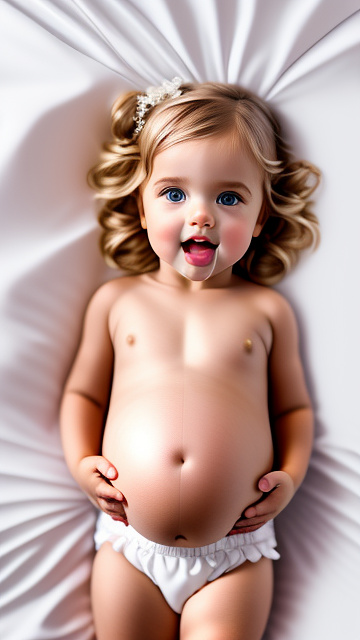 Realistic, detailed, 4-year-old blonde girl, pregnant, white wedding outfit, showing belly, laying in bed, top down full body view, red blush, light skin, mouth open,  in custom style