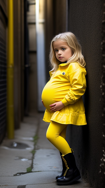 Pregnant, 7-years-old-girl, blonde, yellow boots, complete nude, alleyway in custom style
