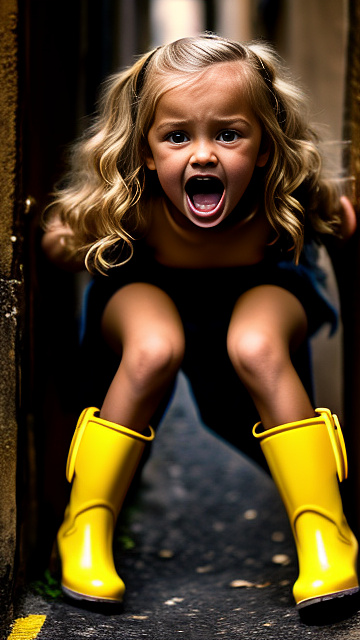 Pregnant, 7-years-old-blonde-girl, nude, alleyway, yellow boots, close up, screaming in pain, standing in custom style
