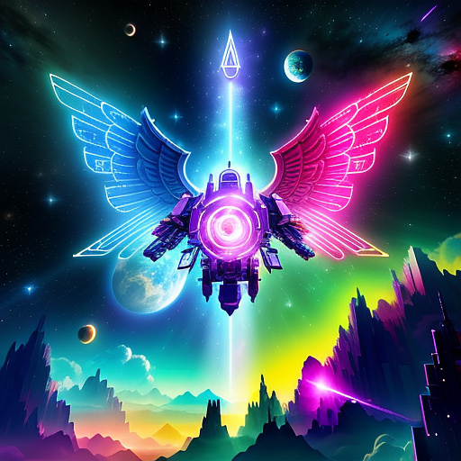 A cheerful transformer flies through space against the backdrop of planets. in angelcore style