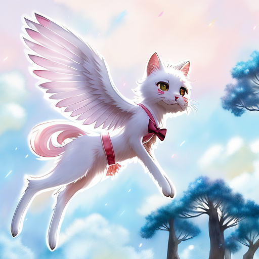 Kawaii cute fluffy white fluffy cat with a coquette style satin vibrant strawberry pink bow cat chasing butterflies with pearl wings, pastel watercolor watercolor style, centered full body watercolor style, big sparkly eyes, smiling joyful face, , isolated , centered, full body, white background in anime style