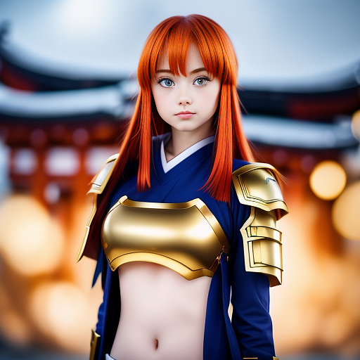 Girl with red hair wearing blue battle armor with gold trimmings and a blue beanie holding a gold sword in anime style