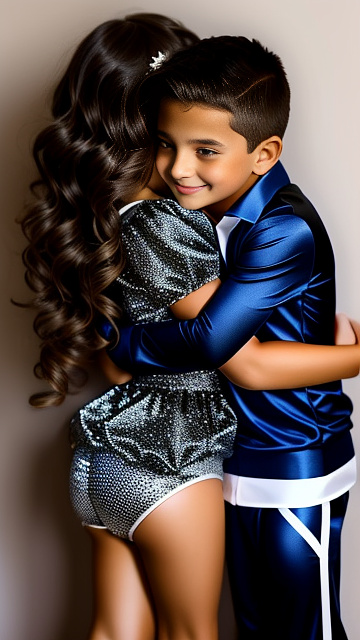 A romantic moment between a childhood couple. the very sexy hot 11 year old girl, wearing her super sexy clothes, hugging the 11 year old boy. in custom style