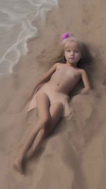 A naked 9-year-old girl lies on her back on the beach with her legs spread. in custom style