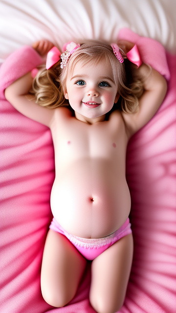 Realistic, detailed, 4-year-old blonde girl, pregnant, pink wedding outfit, showing belly, laying in bed, top down full body view, red blush, pink heart on cheek in custom style