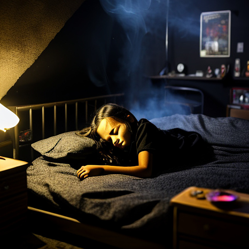 The room is dark, smoky and a mess, the bed is broken. there is an ashtray with an outstanding cigarette on the table. a 13-year-old girl is lying on a bed and crying. in custom style