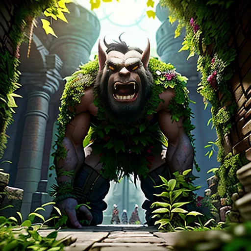 Angry troll that has fallen at large castle doors encapsulated being held down by ivy that grows from ceiling in fantasy style