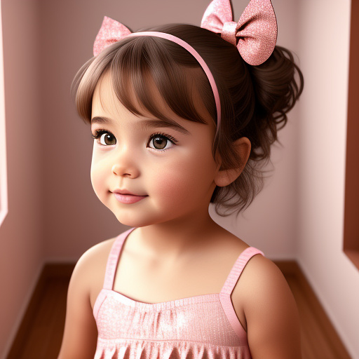 A three year old girl, with short brown styled hair, brown glossy eyes, rosy cheeks and wearing a pink glittery dress, and a cute pink bow in her hair in disney 3d style