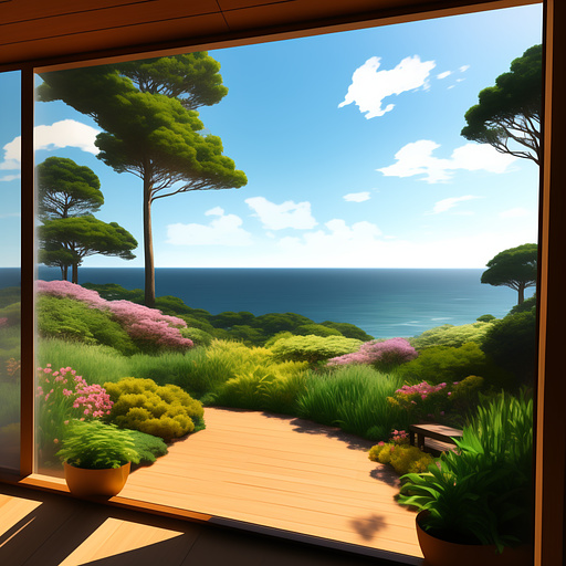 View to the ocean from 3d house wood with suround by trees sunset in anime style