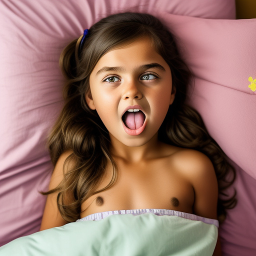 Realistically a 10 year old girl sleeps in bed with an open mouth in bed in custom style