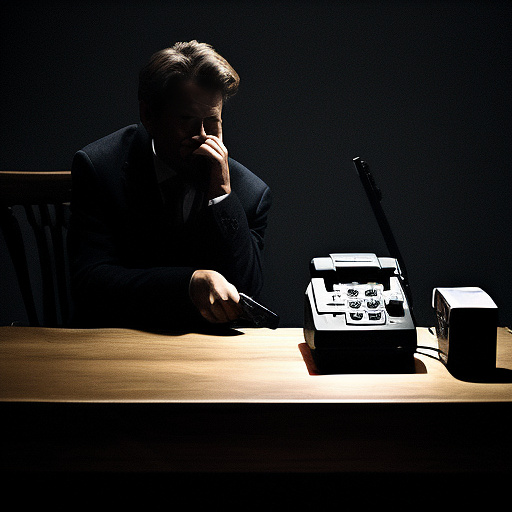 In a dark room, there is a telephone and a gun on the table. a man is sitting on a chair, and he is dead. in custom style