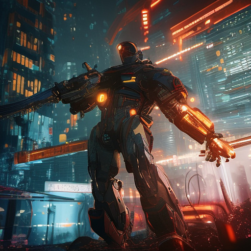 A cheerful transformer flies through space against the backdrop of planets. in cyberpunk style